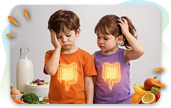 Children with stomach discomfort illustration and foods related to digestion, gut health, and nutrient absorption.