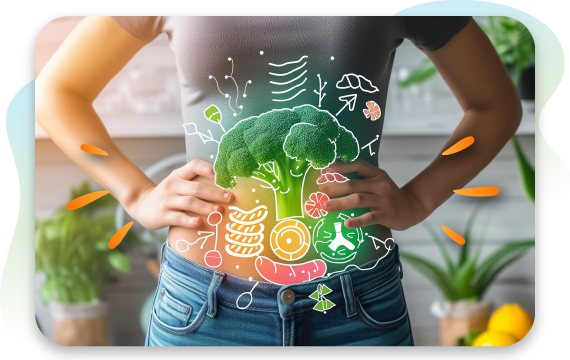 Illustrations of healthy foods overlayed on a woman's stomach.