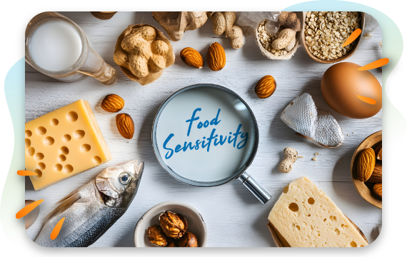 Magnifying glass highlighting food sensitivity surrounded by common foods such as dairy, fish, nuts, eggs, and grains.