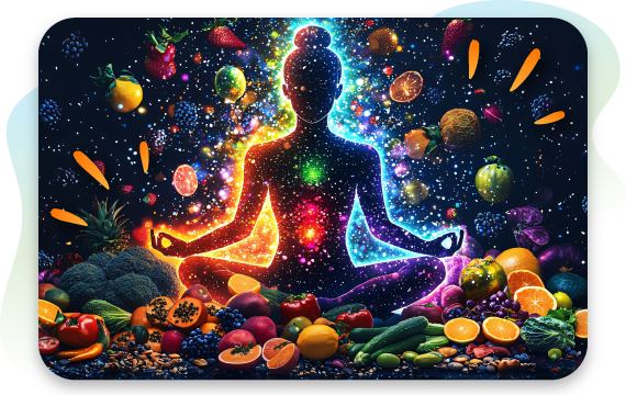 Abstract illustration of a person meditating surrounded by colorful fruits and vegetables, representing holistic health and nutrition.