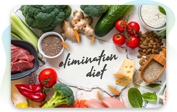 Elimination diet concept surrounded by whole foods including vegetables, meat, fish, grains, and dairy.