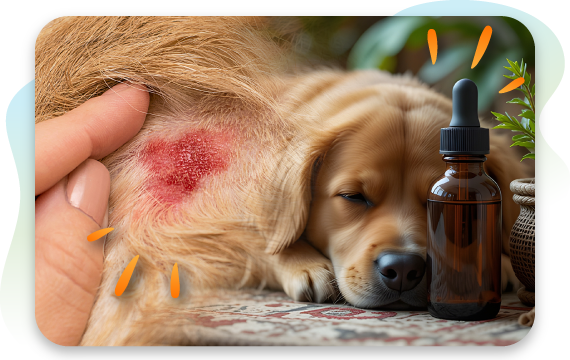 Dog lying down with a visible skin irritation patch while a person gently examines the affected area.