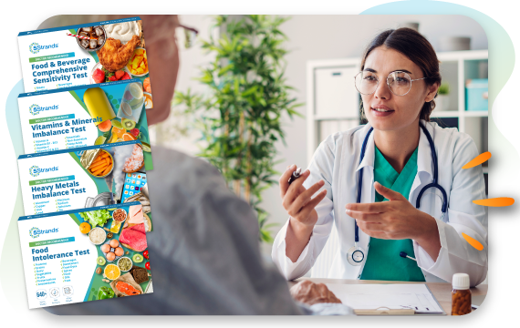 A female doctor in a white coat sits at a desk and speaks with a male patient, with a stack of 5Strands intolerance and imbalance tests on the left side of the image. 