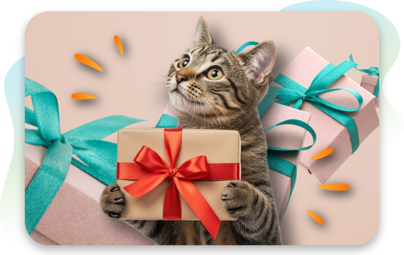 A cat with brown striped fur holds a gift-wrapped box with a red ribbon and bow, looking up as if waiting to unwrap the present. Other gift-wrapped boxes are visible in the background.