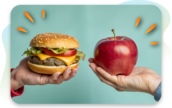 Two hands are shown against a light blue background. The hand on the left holds a large cheeseburger, while the hand on the right holds a single, bright red apple, representing a choice between unhealthy and healthy food options.