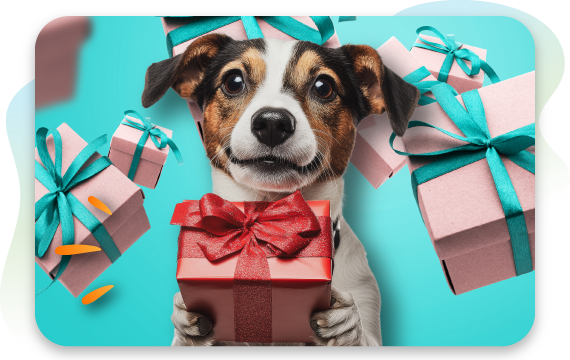 A brown and white dog holding a red gift-wrapped box with a red ribbon and bow, surrounded by several gift boxes tied with ribbons, set against a turquoise background. The dog is looking directly at the camera.