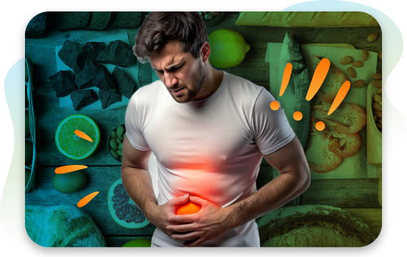 A man in a white t-shirt clutches his stomach, with a red glow emanating from the area to signify pain. The background is a collage of common food intolerance triggers, including various nuts, fish, bread, and citrus fruits.