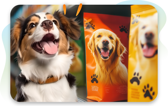 A happy dog on the left and two bags of dog food on the right. This represents the connection between a healthy pet and their diet.