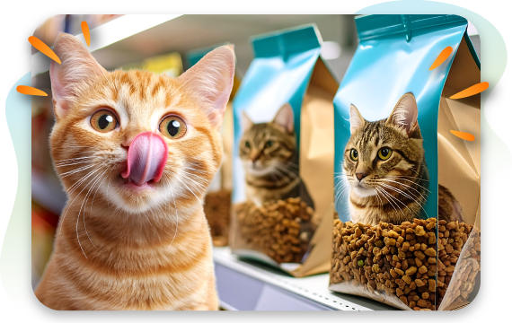 A happy-looking cat licking its lips on the left, next to two bags of cat food on a shelf. The bags feature images of a striped cat with its face peeking out from the kibble, representing the connection between a pet's happiness and its food.