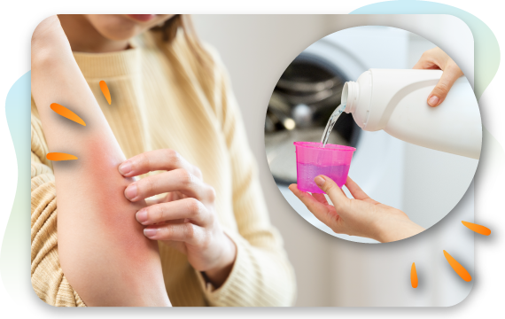  A woman scratches a red, irritated patch of skin on her arm, with a collage inset showing a person pouring liquid detergent into a measuring cap. The image suggests a connection between laundry detergents or other household products and skin irritation.