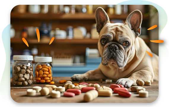 A french bulldog with a worried expression sits next to several multivitamins scattered on a wooden table, with two jars of supplements next to it.