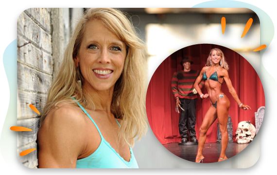 michele ackerman headshot photo and bodybuilding show pose