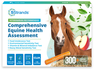 5Strands Comprehensive Equine Health Assessment kit packaging with a horse and apples on a white background