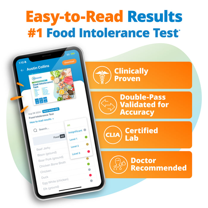 Phone displaying a food intolerance test lab result features listed