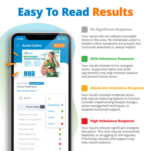 Phone screen displaying a female vitality scan with results and color-coded response categories.
