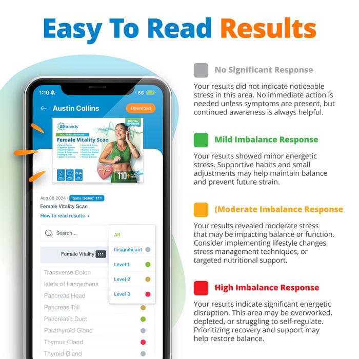 Phone screen displaying a female vitality scan with results and color-coded response categories.